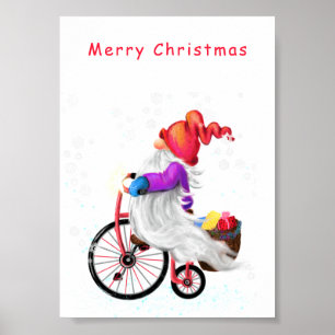 Poster Feliz Natal - Gnomo Engraçado com Bicicleta e Pre