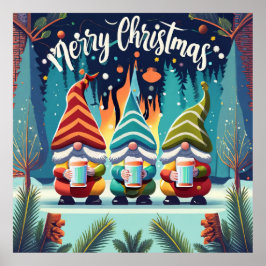 Poster Feliz Natal, gnomos bebem bebidas de Natal