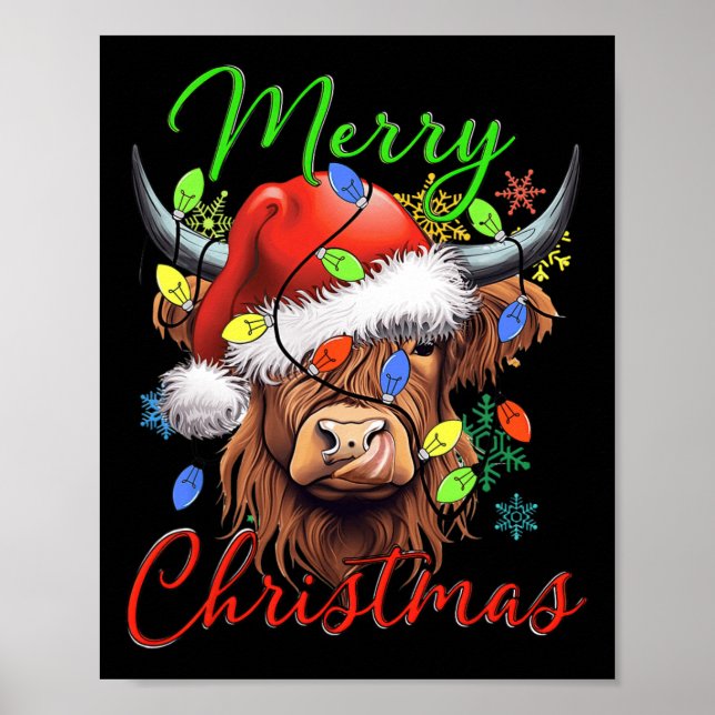 Poster Feliz Natal Highland Cow Western Santa Hat Xma (Frente)