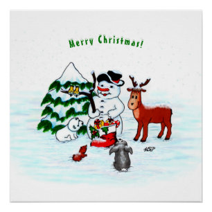 Pôster Feliz Natal! Homem de Neve com Amigos