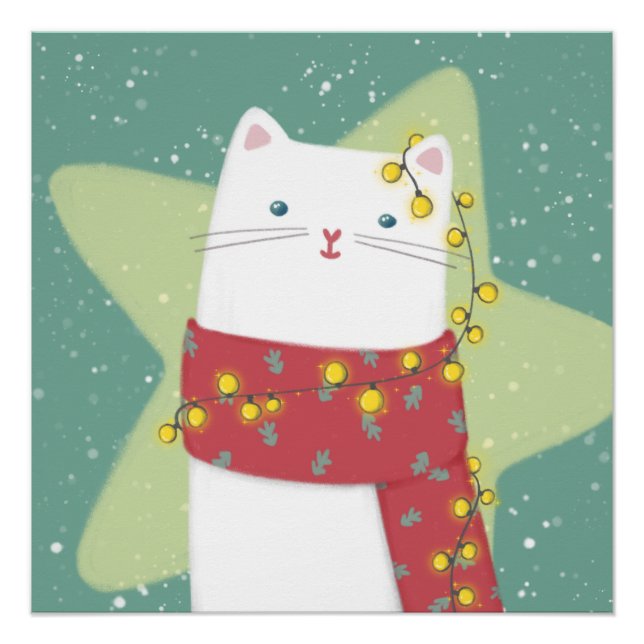 Pôster Feliz Natal: Ilustração de Gato (Frente)