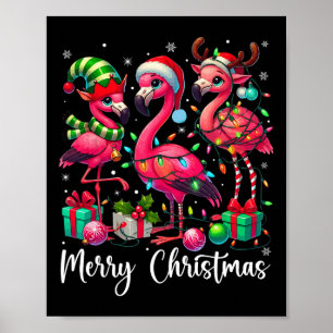 Poster Feliz Natal Luzes Flamingo Santa Hat Neve Xma