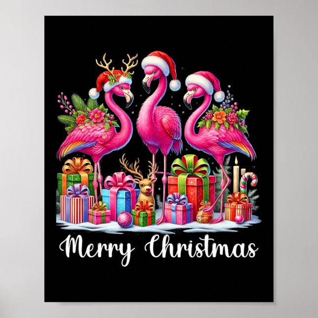 Poster Feliz Natal Luzes Flamingo Santa Hat Neve Xma (Frente)