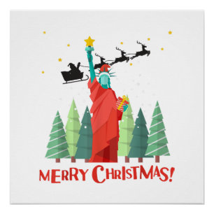Pôster Feliz Natal Nova Iorque Santa Claus Estátua Do Lib