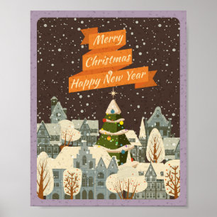 Poster Feliz Natal Paisagem Urbana Vintage No Inverno