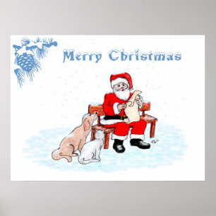 Poster Feliz Natal - Papai Noel com Gato e Cachorro