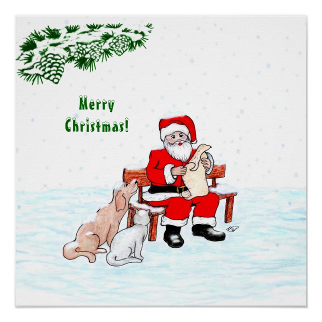 Pôster Feliz Natal! Papai Noel com Gato e Cão (Frente)