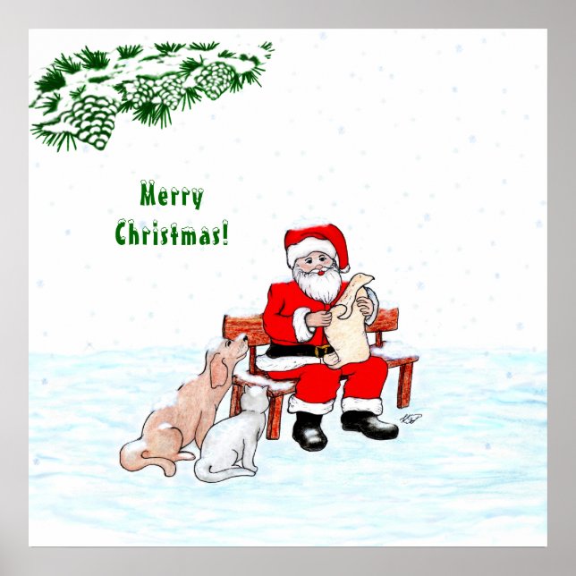 Poster Feliz Natal! Papai Noel com Gato e Cão (Frente)