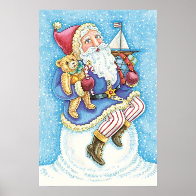 Pôster Feliz Natal, Papai Noel em Snowball com Brinquedos (Frente)