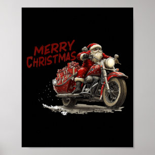 Poster Feliz Natal Papai Noel Pilotando Uma Moto Antiga