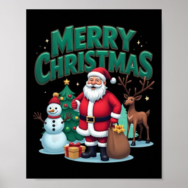 Poster Feliz Natal Papai Noel Snowman Reindeer Xmas (Frente)