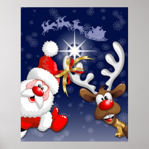 Poster Feliz Natal Papais noeis e Reindeer