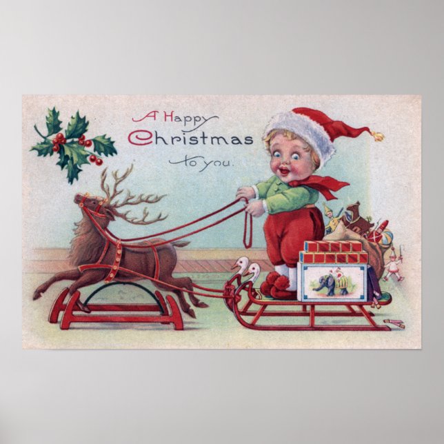 Pôster Feliz Natal para o Menino de um Sleigh (Frente)