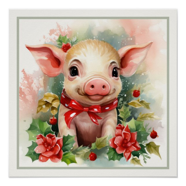Pôster Feliz Natal Piglet Faux Mat Pronto para Frame (Frente)
