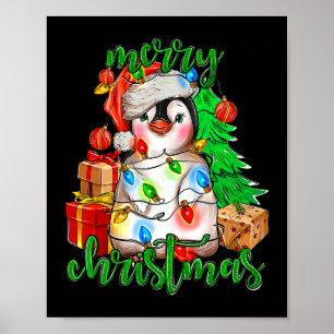 Poster Feliz Natal Pinguim Luz Santa Hat Funn