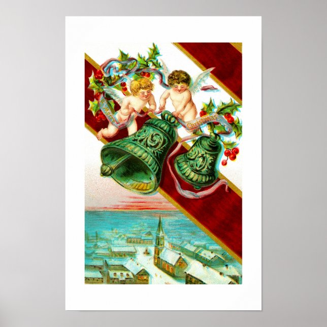Pôster Feliz Natal, querubs e sinos (Frente)