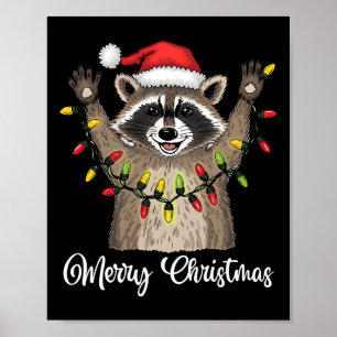 Poster Feliz Natal Raccoon Santa Hat Xmas Light Pjs