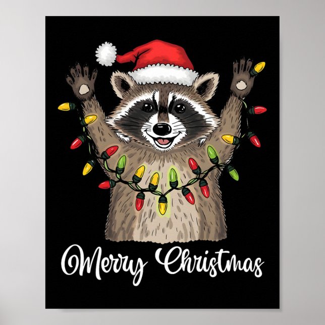 Poster Feliz Natal Raccoon Santa Hat Xmas Light Pjs (Frente)
