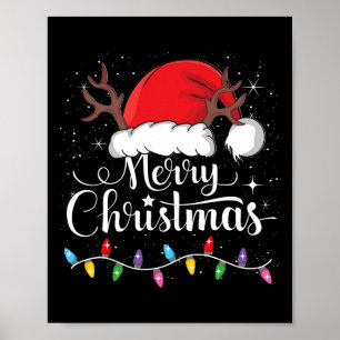 Poster Feliz Natal Red Santa Hat Reindeer Família Xmas