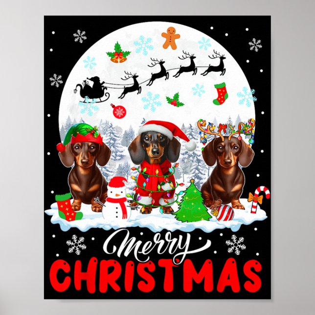 Poster Feliz Natal Três Papais noeis Elf Reindeer Dachshu (Frente)