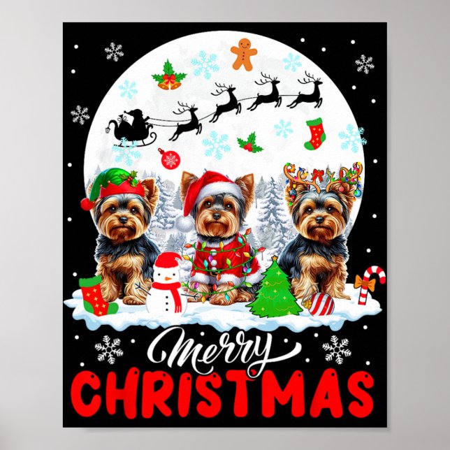 Poster Feliz Natal Três Papais noeis Elf Reindeer Yorkshi (Frente)