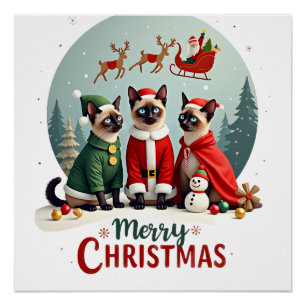 Pôster Feliz Natal Três Santa Elfo Rena Siamês C