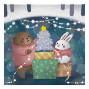 Pôster Feliz Natal: Urso e Coelhinho