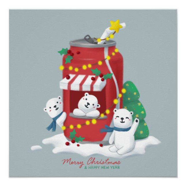 Pôster Feliz Natal: Urso Polar e lata de Soda (Frente)