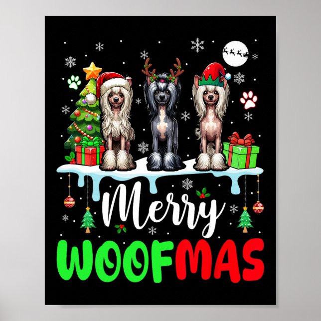 Poster Feliz Natal Woof Três Papais noeis Elf Crest Chinê (Frente)