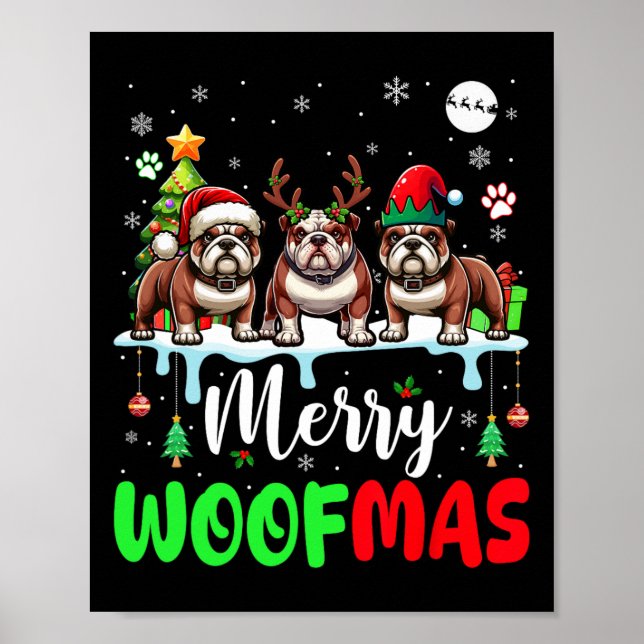 Poster Feliz Natal Woof Três Papais noeis Reindeer Elf Bu (Frente)