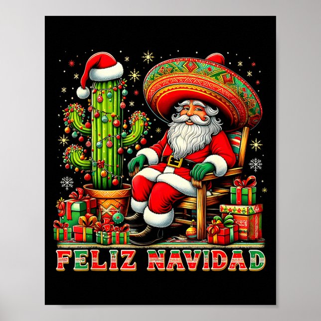 Poster Feliz Navidad Mexican Christmas Santa Sombrero Cac (Frente)