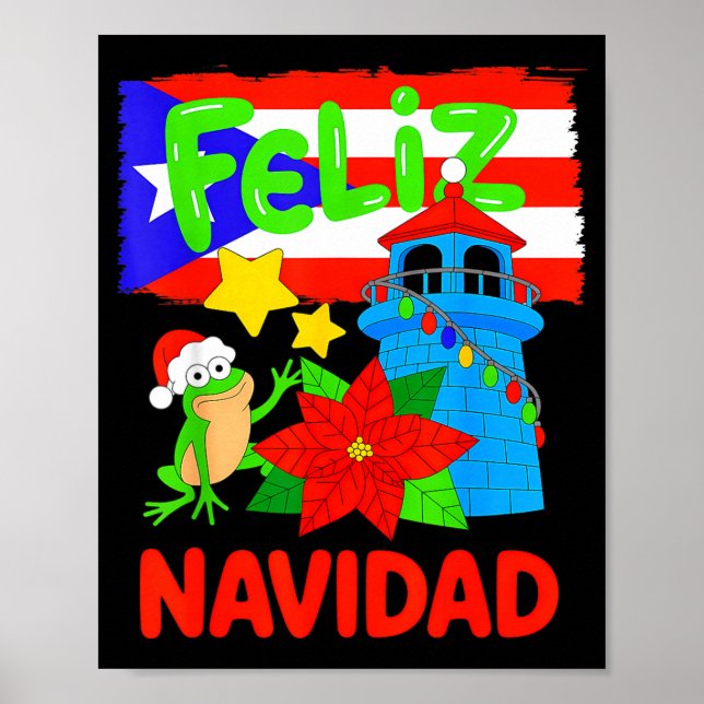 Poster Feliz Navidad Puerto Rico Flag Floral Frog Boricua (Frente)