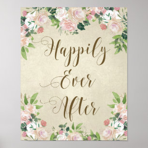Pôster feliz nunca após os rosas do vintage que wedding