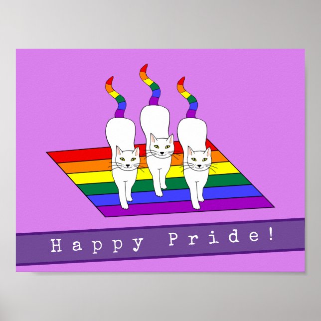 Poster Feliz Orgulho Gato LGBT Com Bandeira Arco-Íris (Frente)