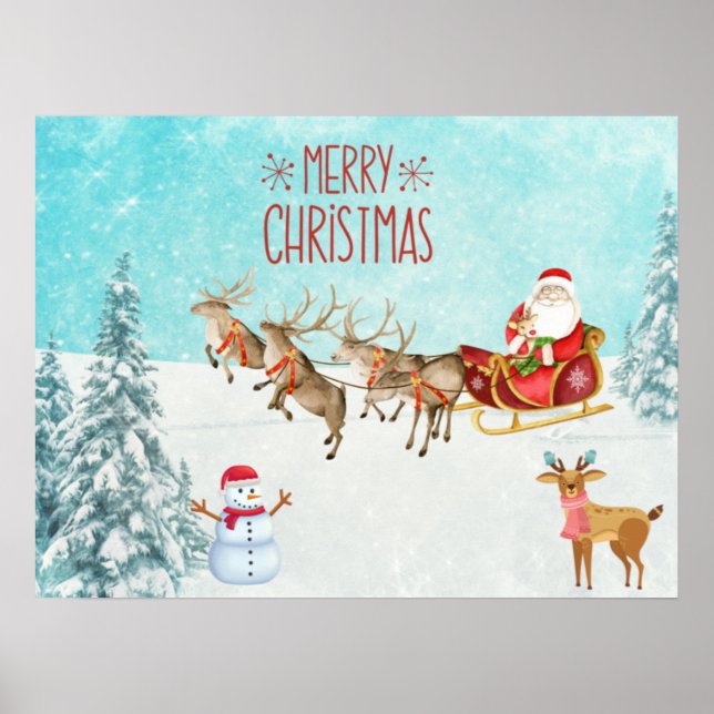 Poster Feliz Papai noel de Natal, Snowman, Reindeer, Flor (Frente)