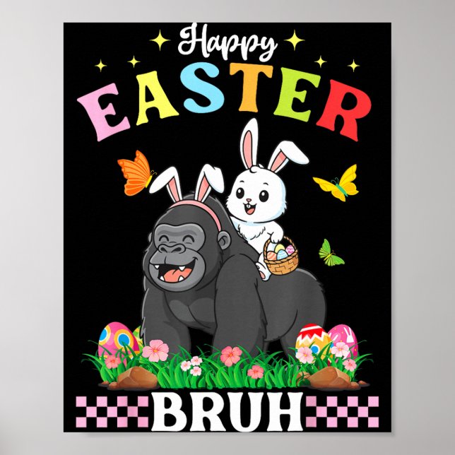 Poster Feliz Páscoa Bruh Gorila Fofo Orelhas de Coelho Ce (Frente)