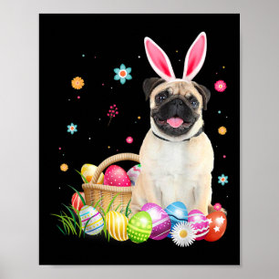 Poster Feliz Páscoa Coelhinho Fofo Cachorro Pug Ovos Esbo