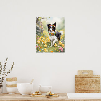 Poster Feliz Páscoa Collie e Pintinhos