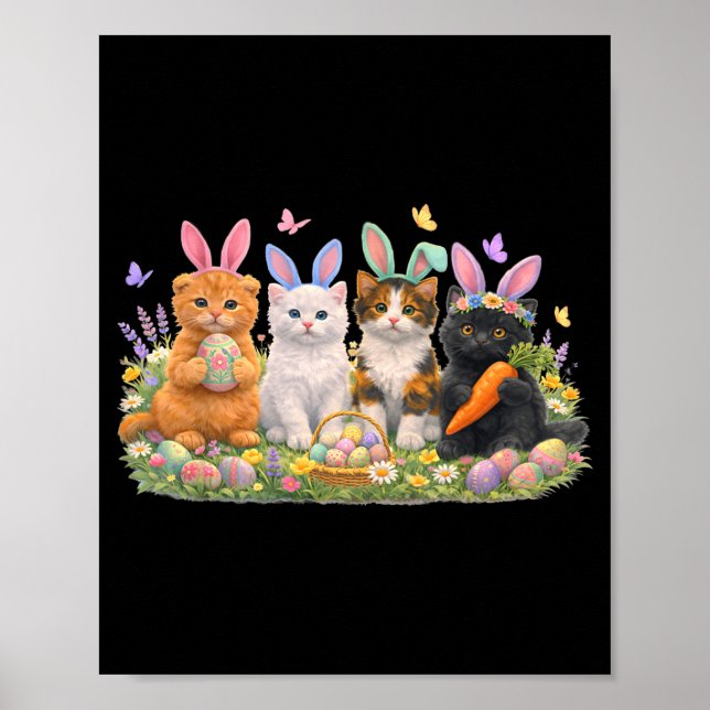 Poster Feliz Páscoa Gatos com Orelhas de Coelho Ovos Prim (Frente)