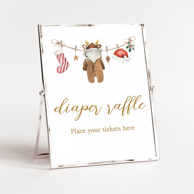 Poster Feliz Pequena Chá de fraldas de Vestuário de Natal (Merry Little Clothes Baby Shower Diaper Raffle Sign)