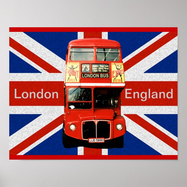 Pôster Feliz Red Bus e Bandeira Britânica (Frente)