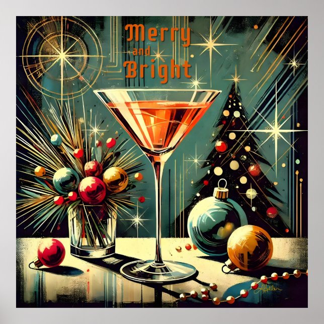 Poster Feliz retrorativa e Martini de Natal brilhante (Frente)