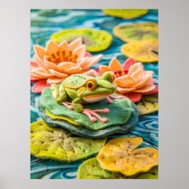Poster Feliz Sapo Verde sobre Lily Pads em Pond