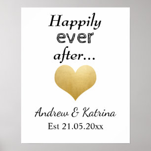 Pôster Feliz Sempre Depois Faux Gold Foil Heart Weds