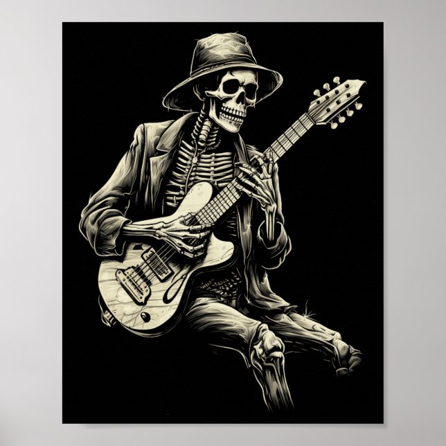 Poster Feliz Skeleton Guitar Cara Spookie Halloween Rock  (Frente)