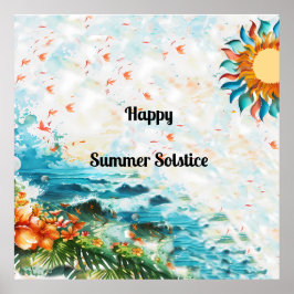 Poster Feliz Verão Solstício Sol Flores Mar