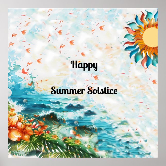 Poster Feliz Verão Solstício Sol Flores Mar (Frente)