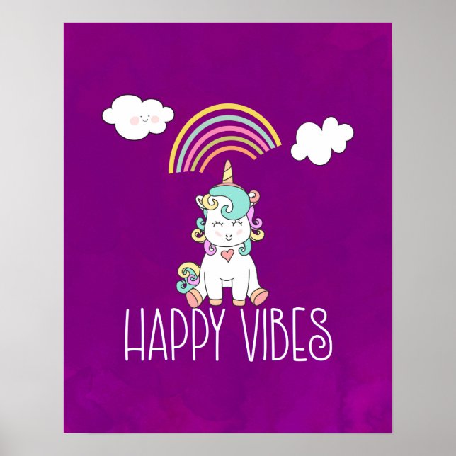 Poster Feliz Vibes Typografia Cute Smiling Unicorn (Frente)