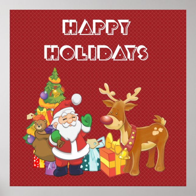 Pôster Felizes feriados com Papais noeis e Reindeer (Frente)