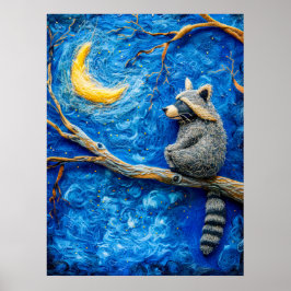 Poster Felt Raccoon em uma filial em lua cheia